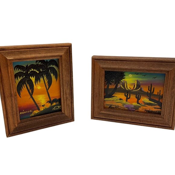 Hand Painted Set Of 2 Sunset Desert Landscape Mini Oil Paintings Wooden Frames - Picture 1 of 10
